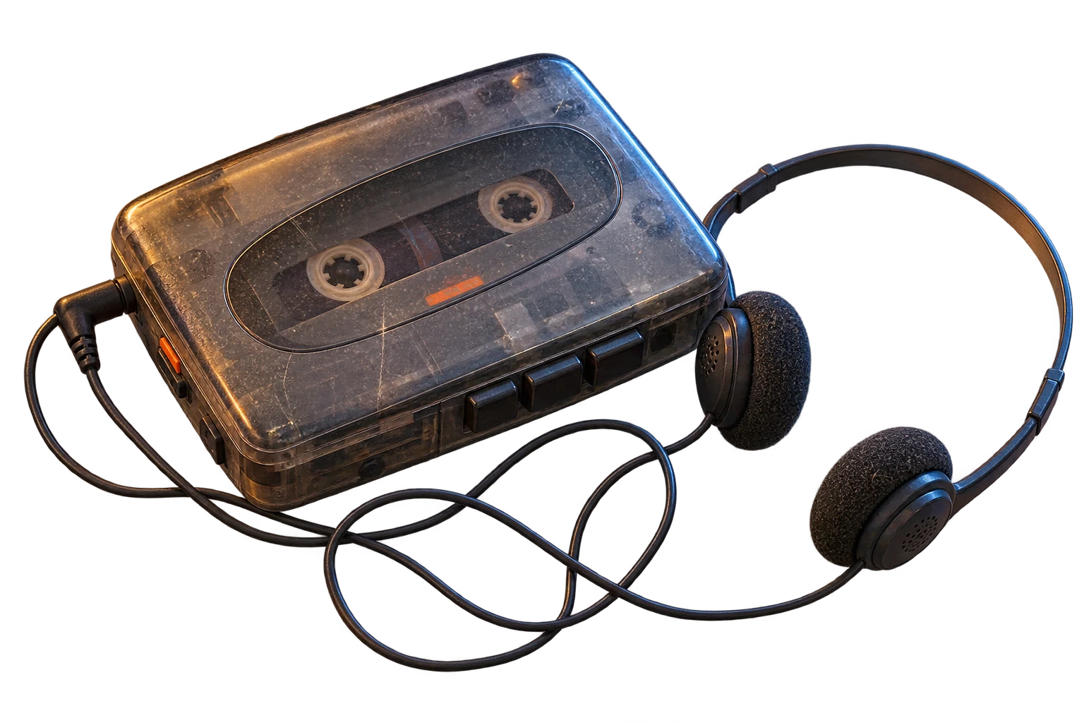 A battered cassette player and headphones