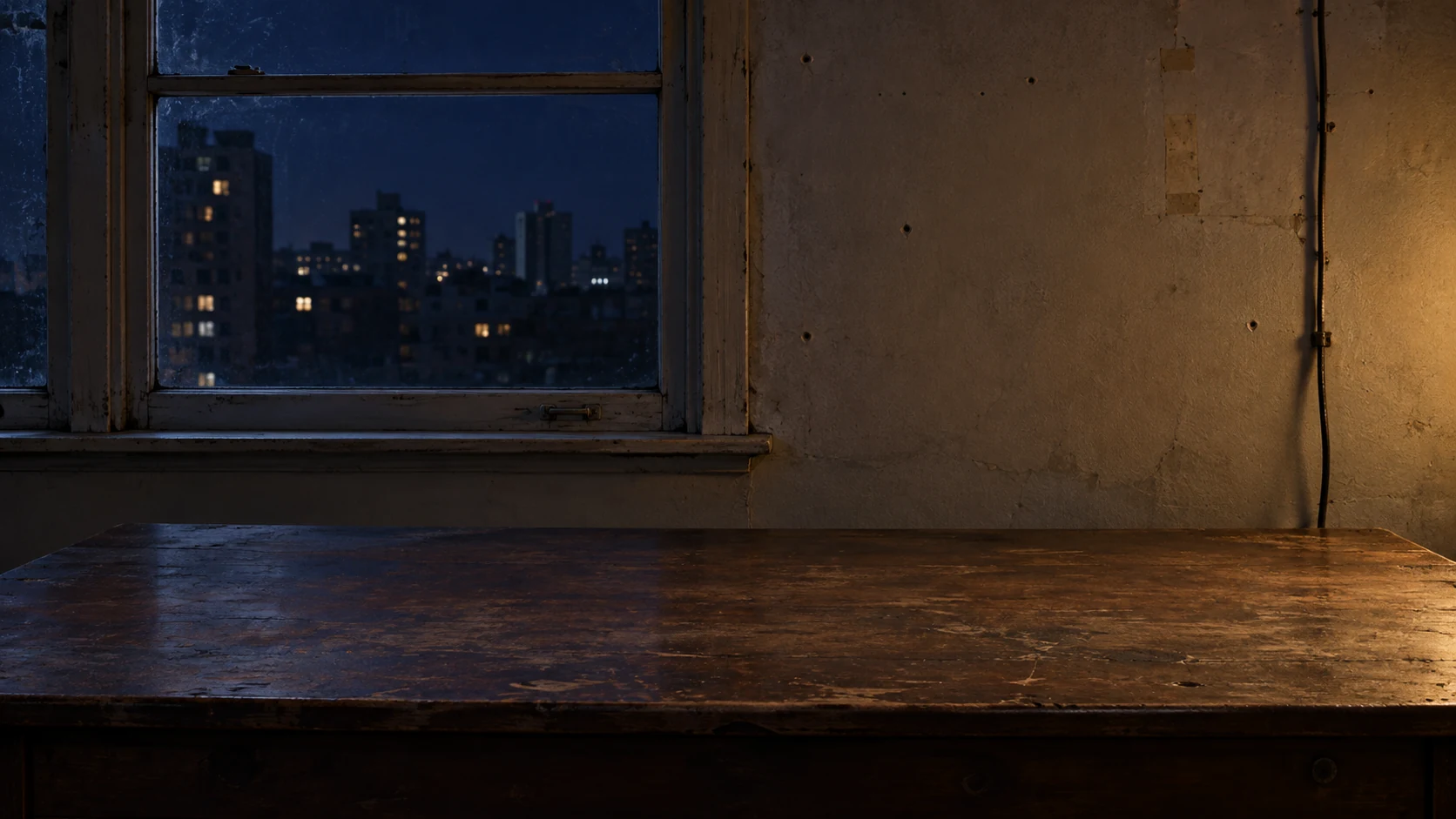 An almost empty wooden desk by a city window at night