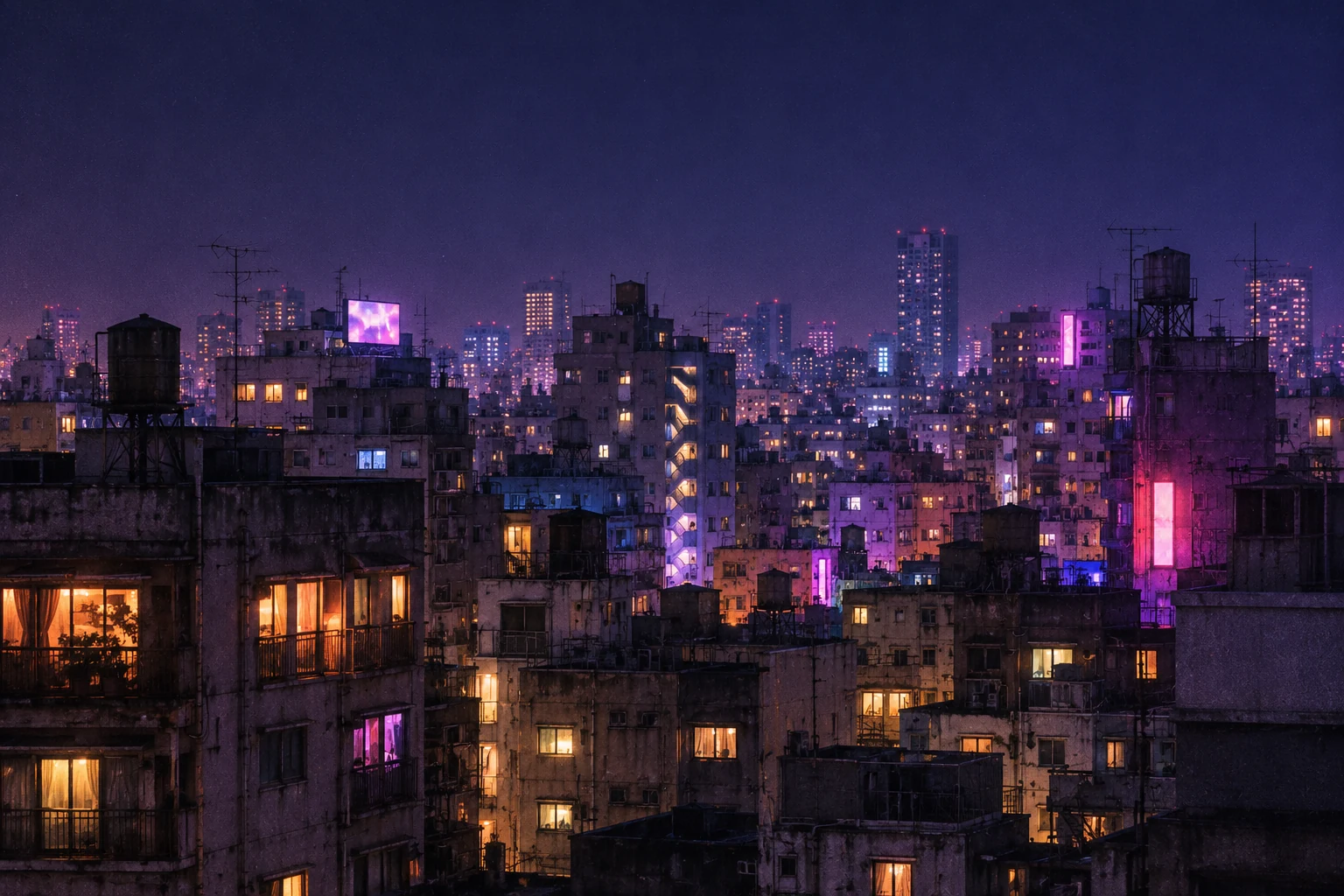 A violet and magenta city glowing outside the window
